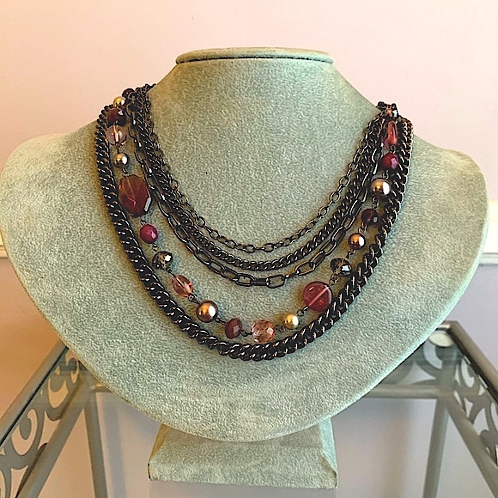Layered hematite chain link statement necklace with purple and gray beads